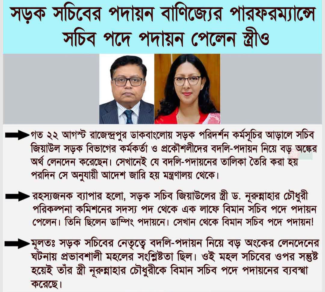 সড়ক সচিবের পদায়ন বাণিজ্যের বিরাট পারফরম্যান্সে সচিব পদে পদায়ন পেলেন স্ত্রীও